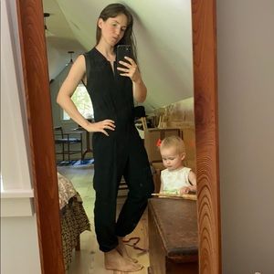 Black silk jumpsuit with leather trim size1